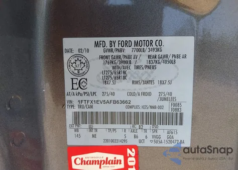 2010 Ford F-150 Fx4/Lariat/Xl/Xlt z USA, uszkodzony, nr VIN 1FTFX1EV5AFB63662